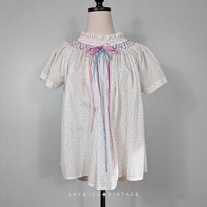 Vintage Smocked Heart Top S White Pink Blue Purple Ribbon Bow Feminine Kidcore